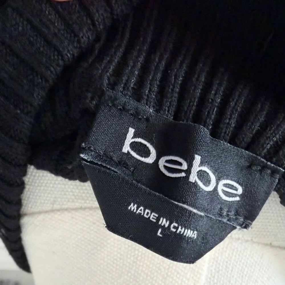 bebe Black Ribbed Mock Neck Sweater Rhinestone Logo Size L - Picture 6 of 6